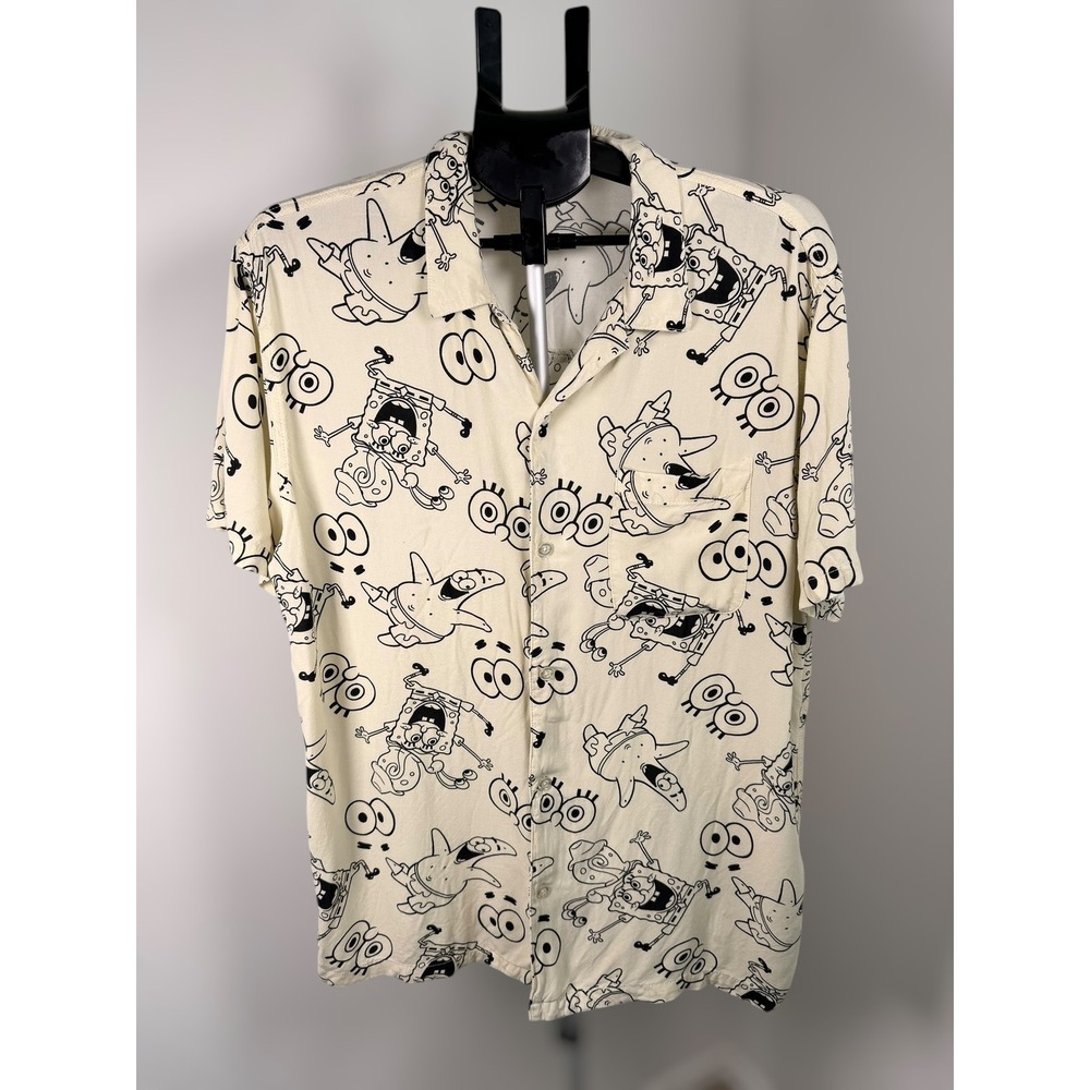 SpongeBob SquarePants Patrick Star Rayon Button Down‎ Shirt Mens XL Cream Black